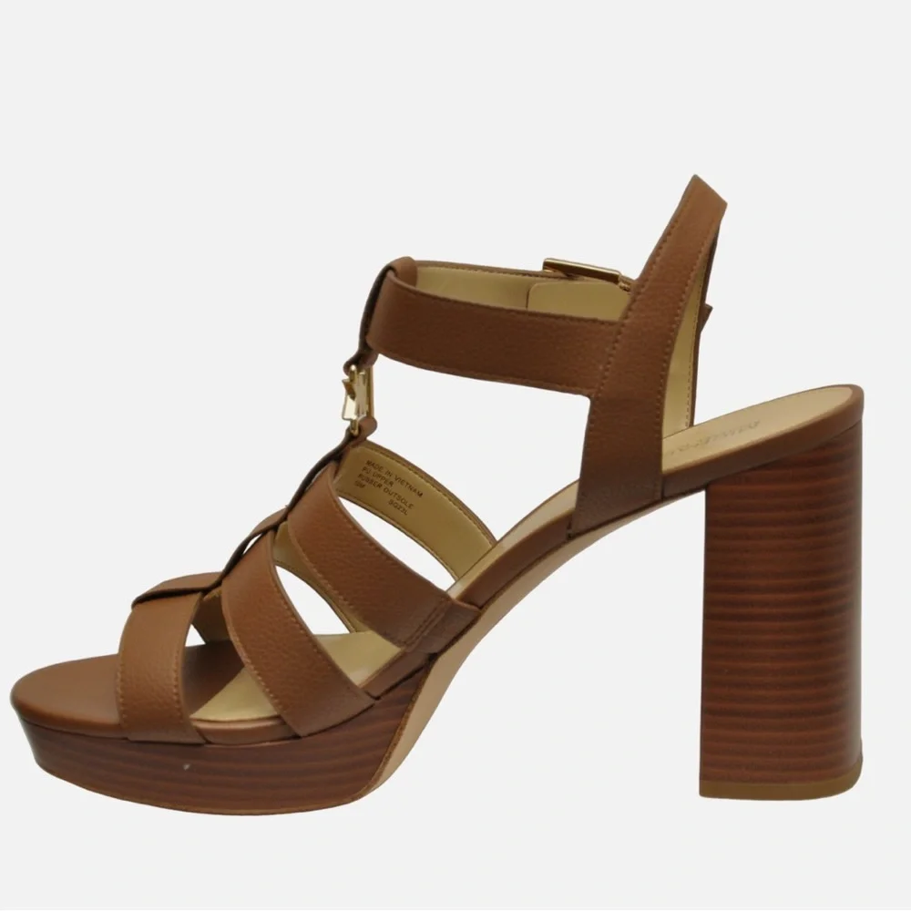 Michael Kors Reed Tumbled Faux Leather Platform Sandal Luggage Color Sz 7